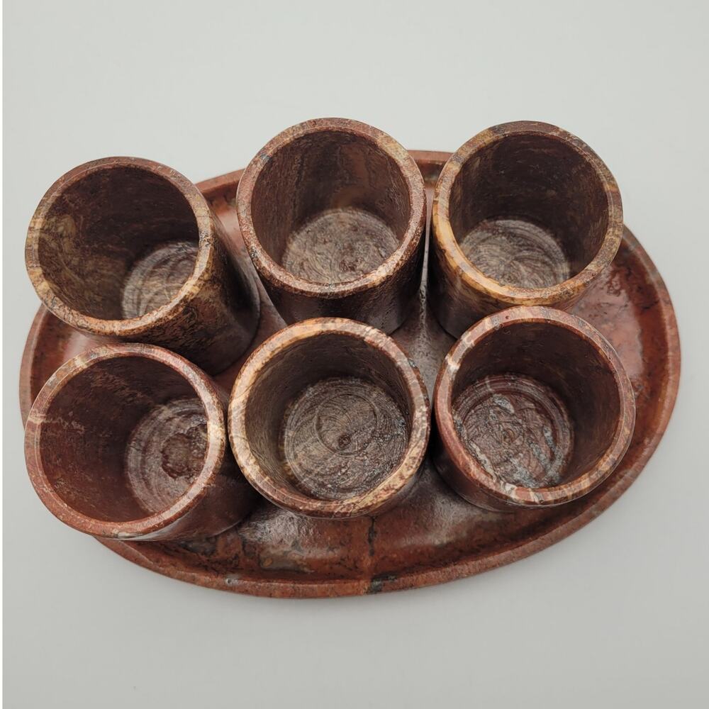 Hand Carved Red Marble Shot Glass Set w/ Tray Mexico Artisan Barware Gift - Picture 2 of 12